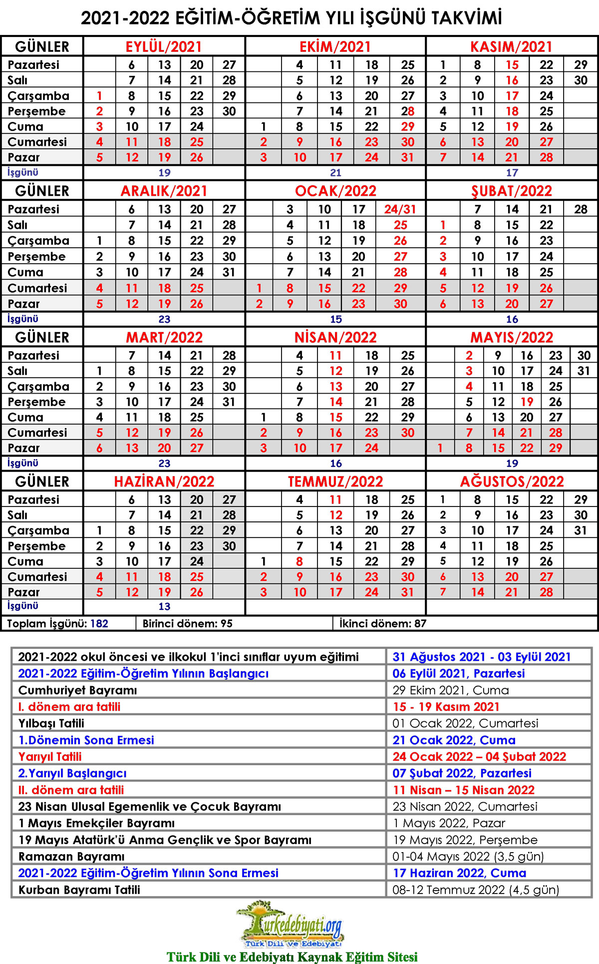 2021 2022 Egitim Ogretim Yili Meb Calisma Is Gunu Takvimi Turk Dili Ve Edebiyati